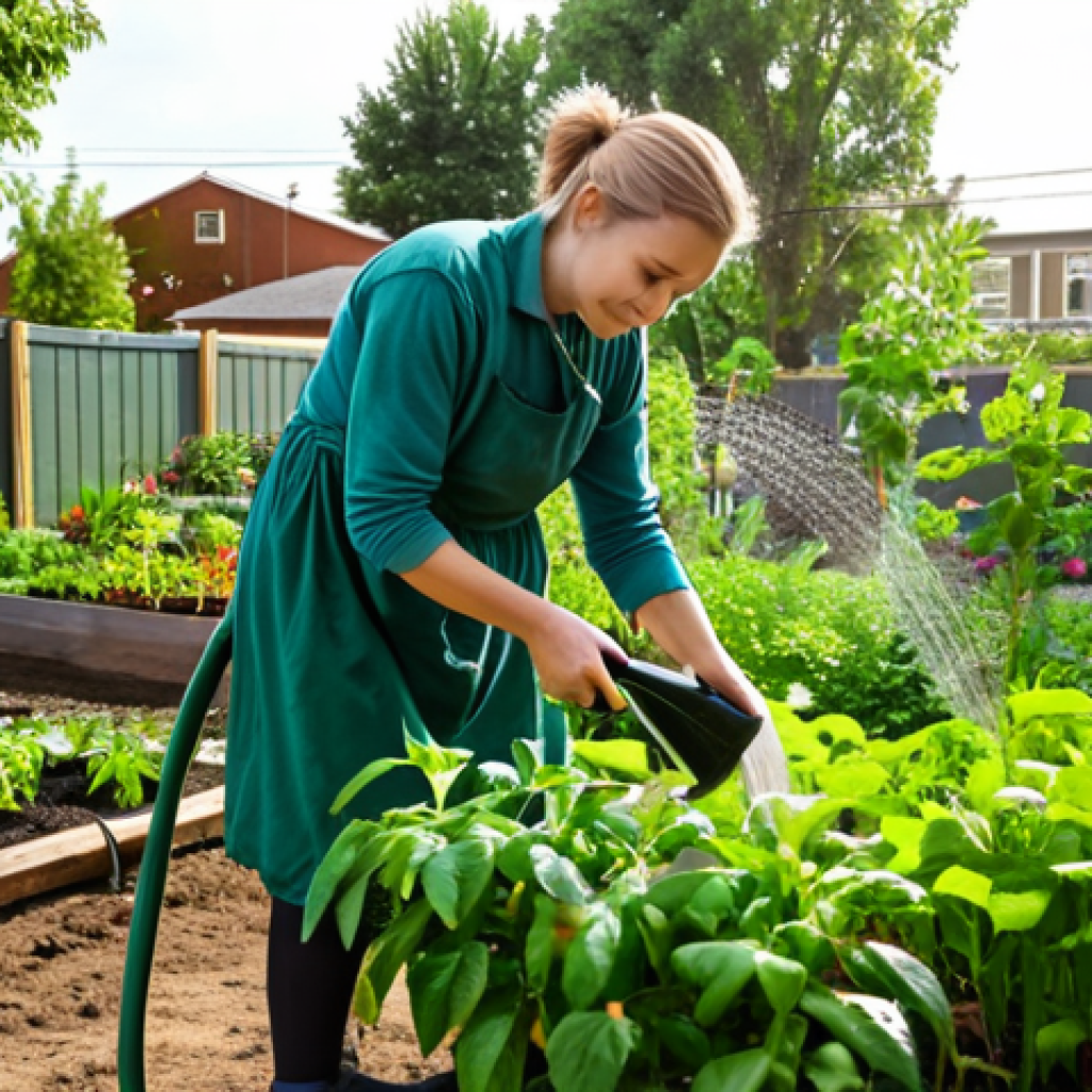 **

A person watering plants in a community garden after their morning coffee, symbolizing habit stacking for a greener neighborhood. Focus on the positive, community aspect and vibrant greenery.

**